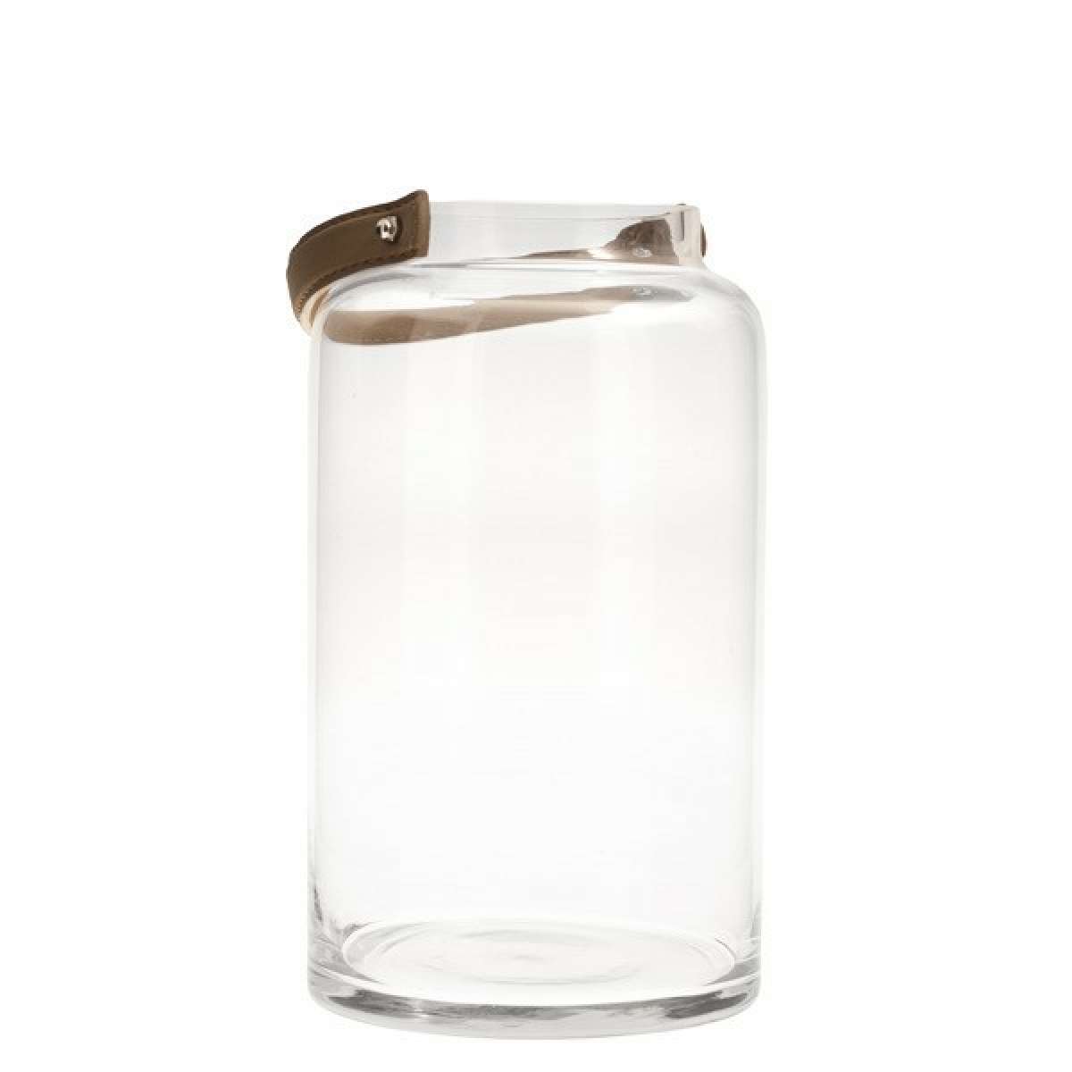 Immagine del prodotto Vaso/Lanterna in vetro trasparente con manico in Similpelle (2 misure) | Storefactory